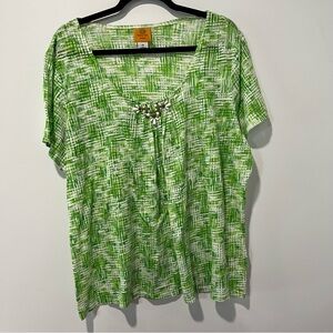 Ruby Rd. Green & White Short Sleeve Embellished Scoop Neck Top 2x boho